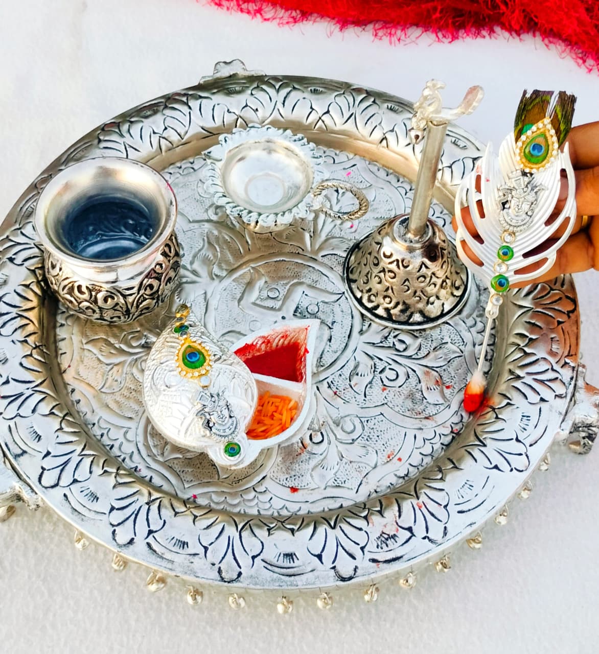 german silver pooja thali 6 pieces set for diwlai/ housewarming